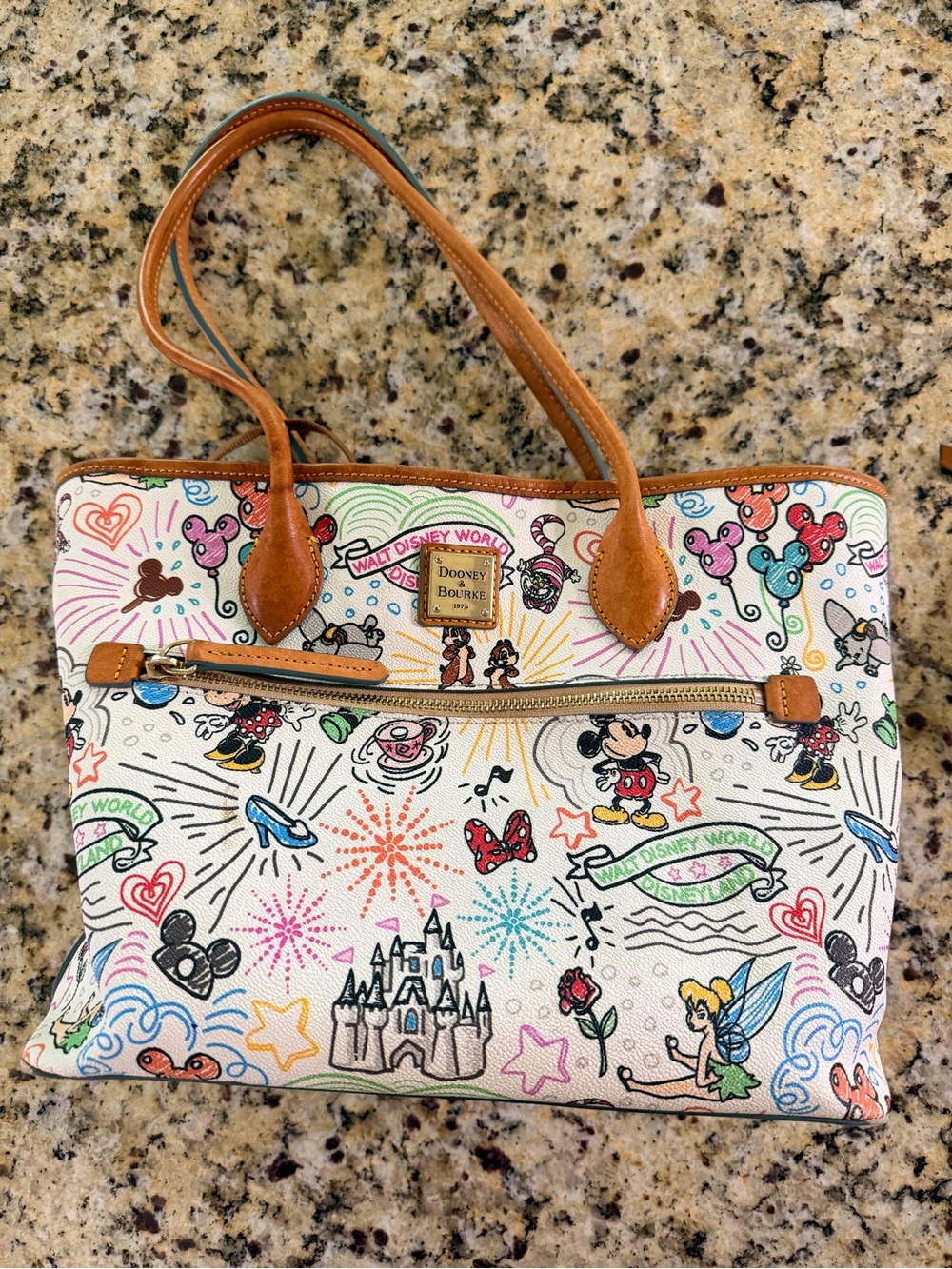 Dooney & Bourke White Multicolor Disney Print Tote with Tan Trim